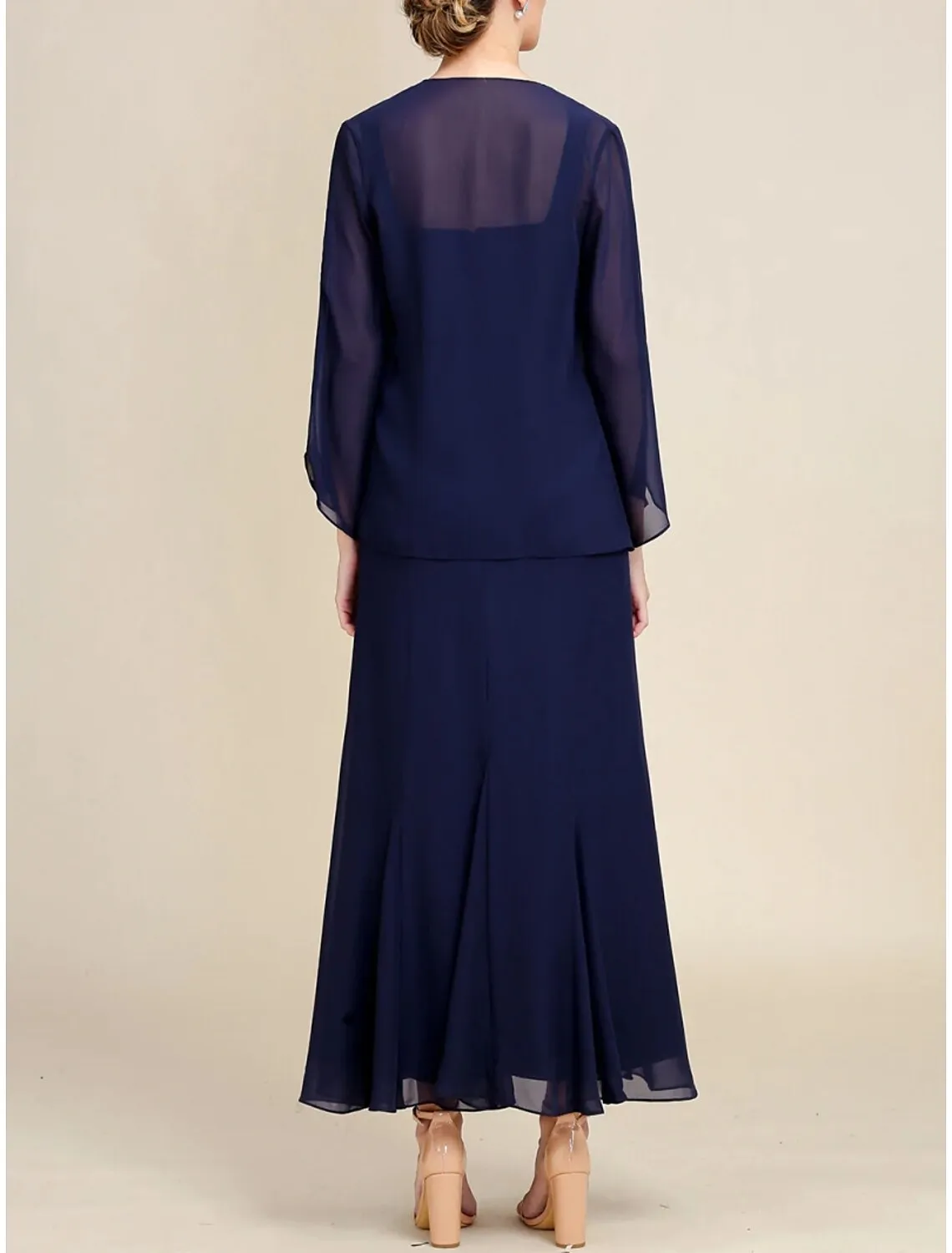 A-Line Mother of the Bride Dress Wedding Guest Elegant V Neck Ankle Length Chiffon Long Sleeve with Sequin Ruching