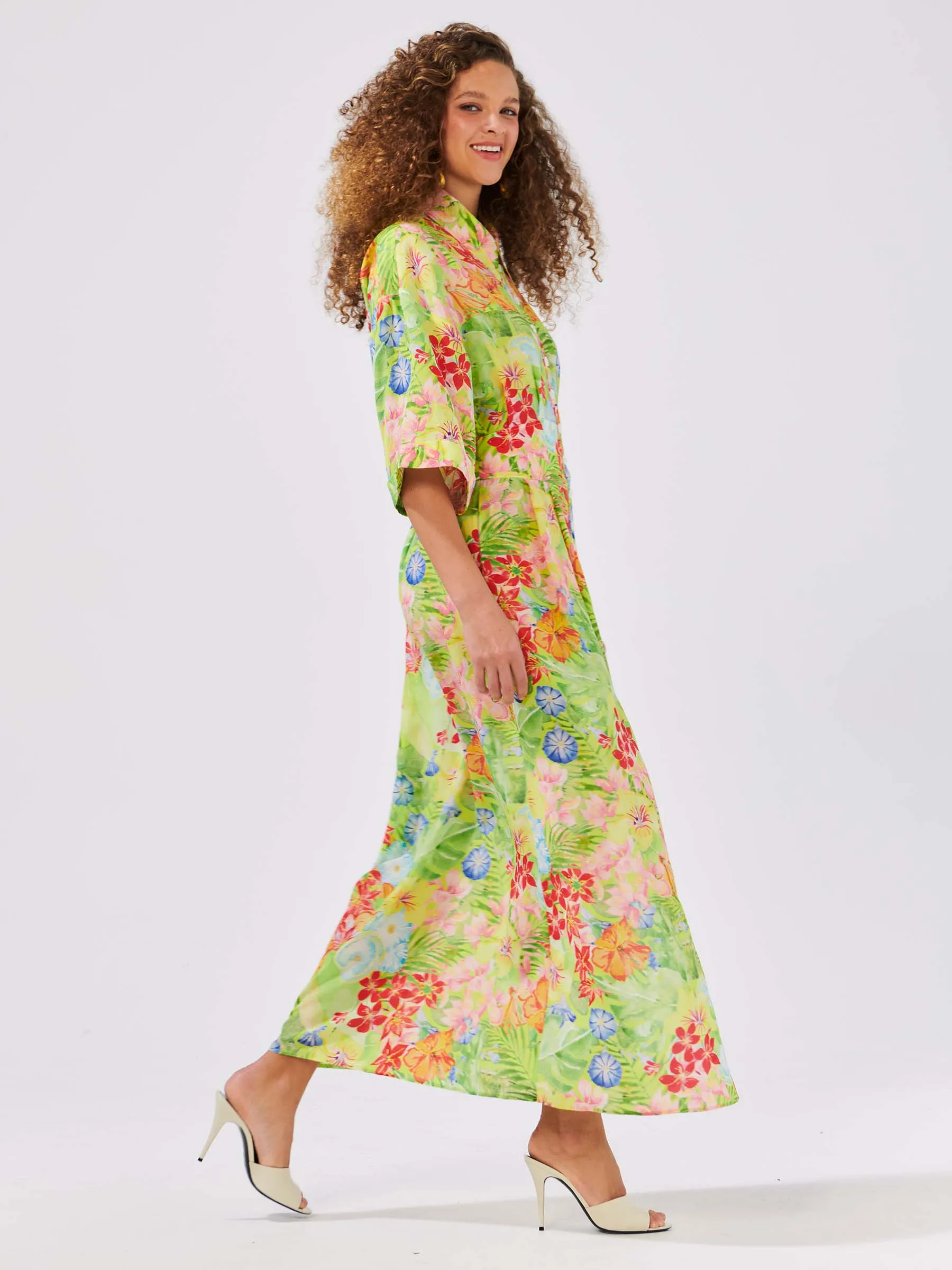 Abundant Blooms Wide Sleeve Silk Maxi Shirt Dress Chartreuse