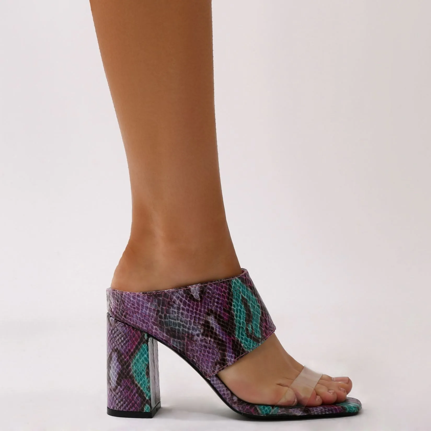 Aubree Block Heel Mules in Purple Faux Snake