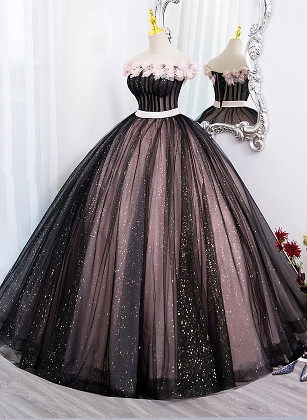 Black and Pink Tulle with Flowers Off Shoulder Party Dress, Tulle Sweet 16 Dress