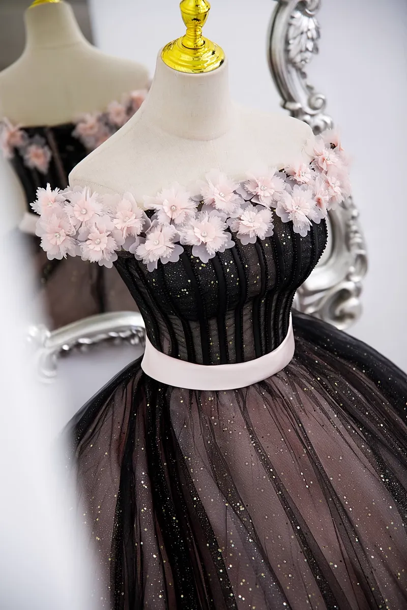 Black and Pink Tulle with Flowers Off Shoulder Party Dress, Tulle Sweet 16 Dress