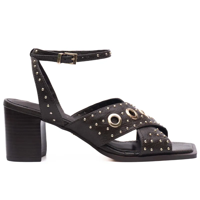 Black Ankle Strap Studded Block Heels