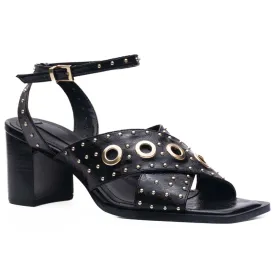 Black Ankle Strap Studded Block Heels