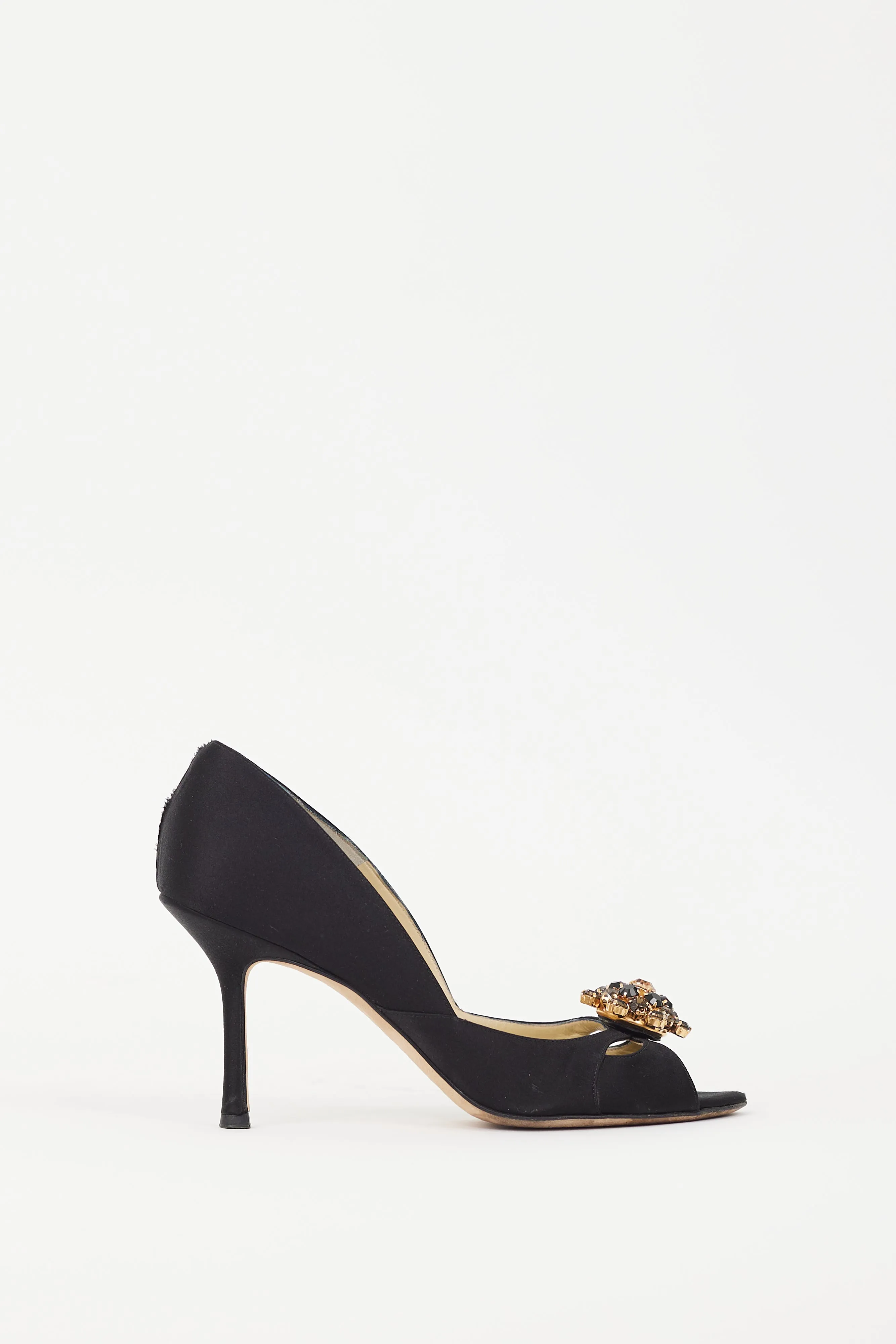 Black Satin & Gold Brooch Piazza Pump