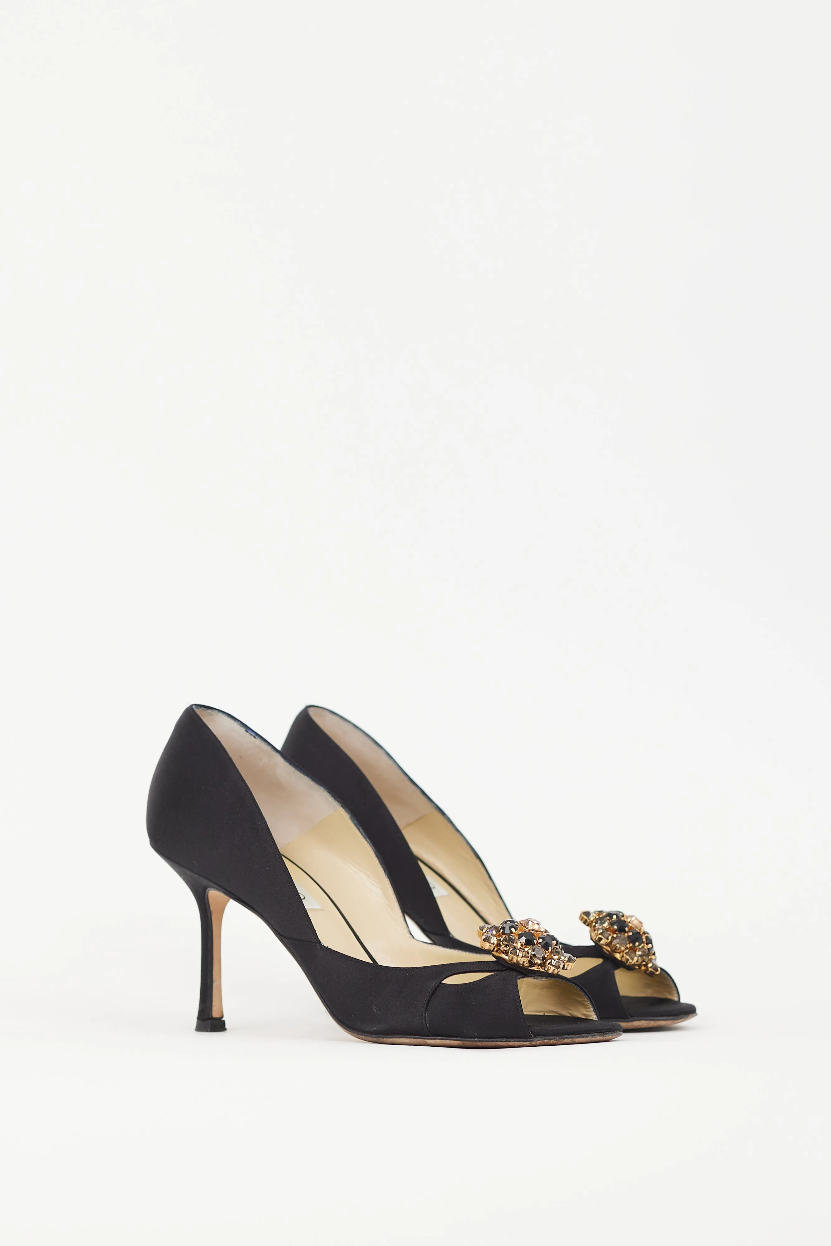 Black Satin & Gold Brooch Piazza Pump