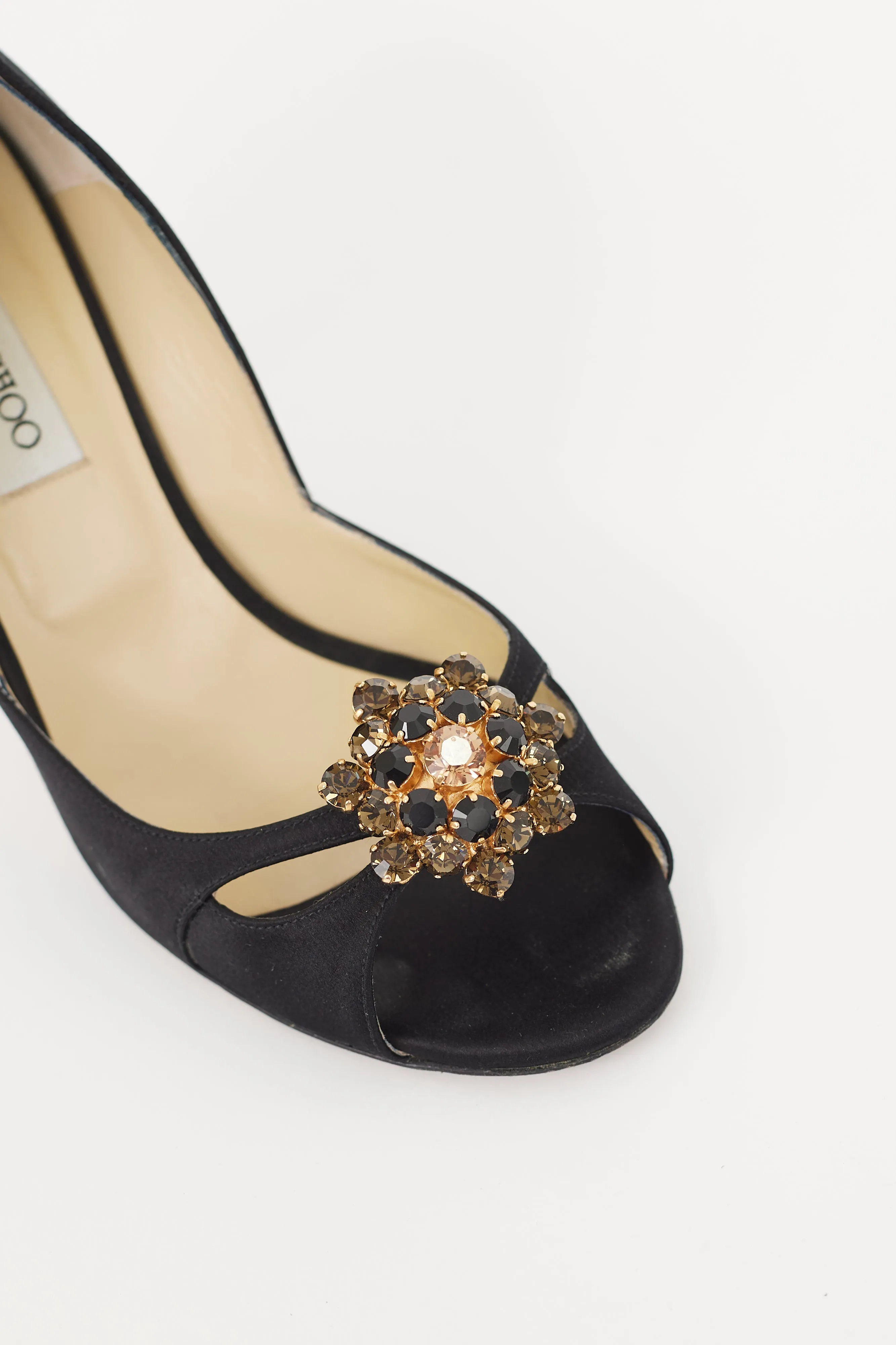Black Satin & Gold Brooch Piazza Pump