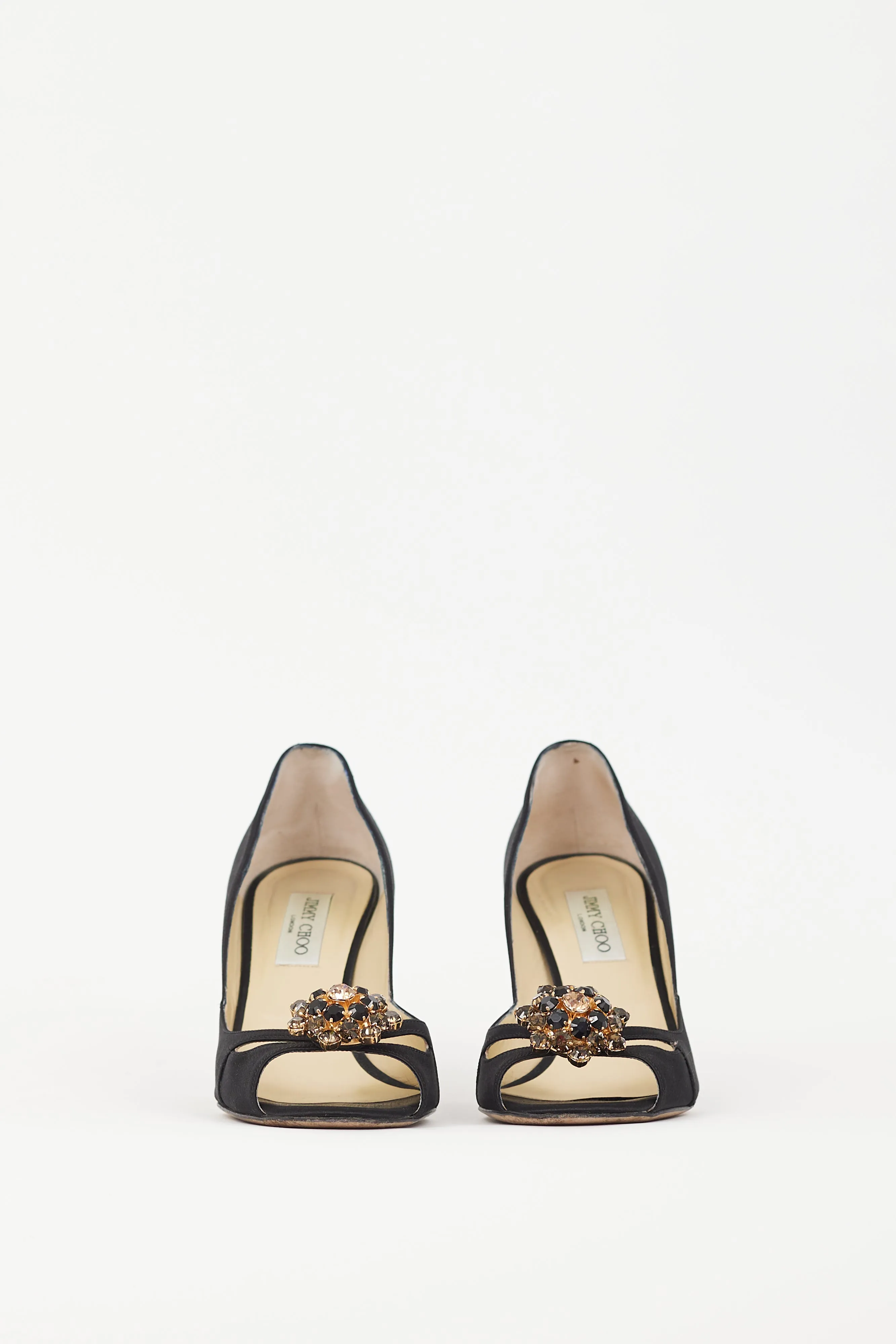 Black Satin & Gold Brooch Piazza Pump