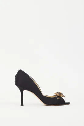 Black Satin & Gold Brooch Piazza Pump