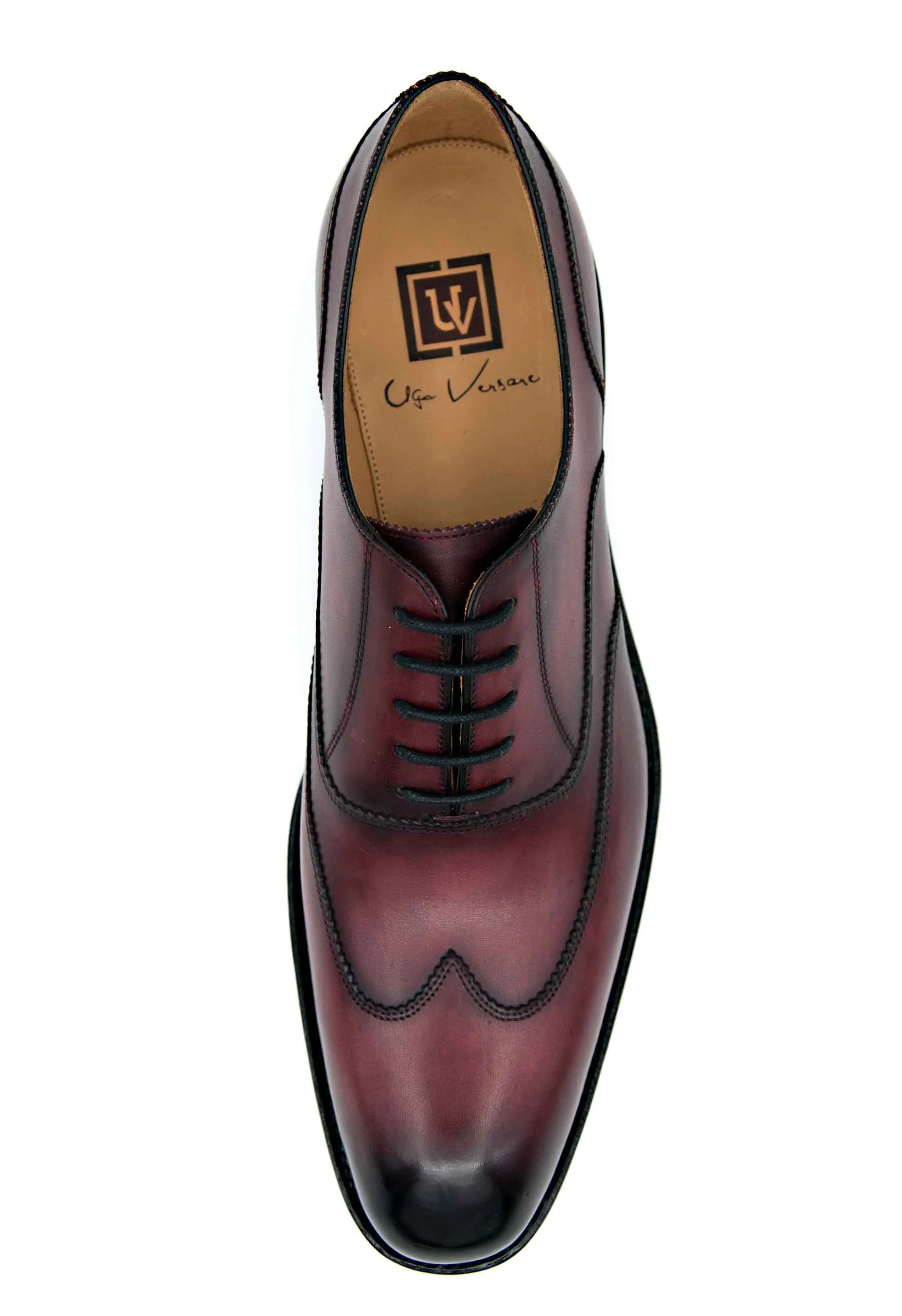 Burnished Calfskin "Wick" Lace-Up Wingtip Oxford Burgundy