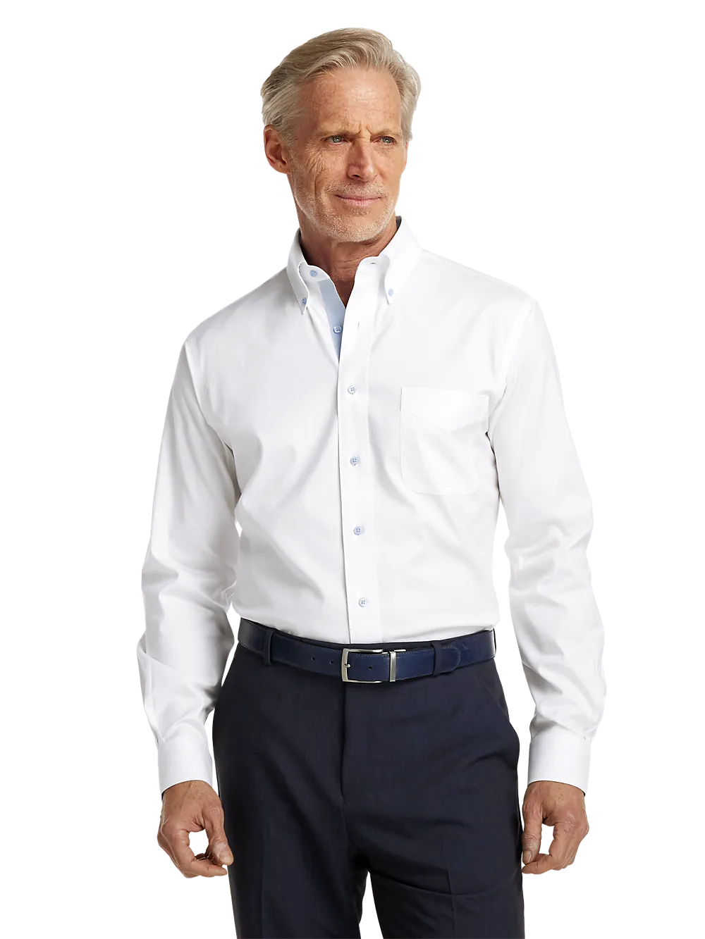 Comfort Stretch Non-Iron Solid Dress Shirt With Contrast Trim - White/blue