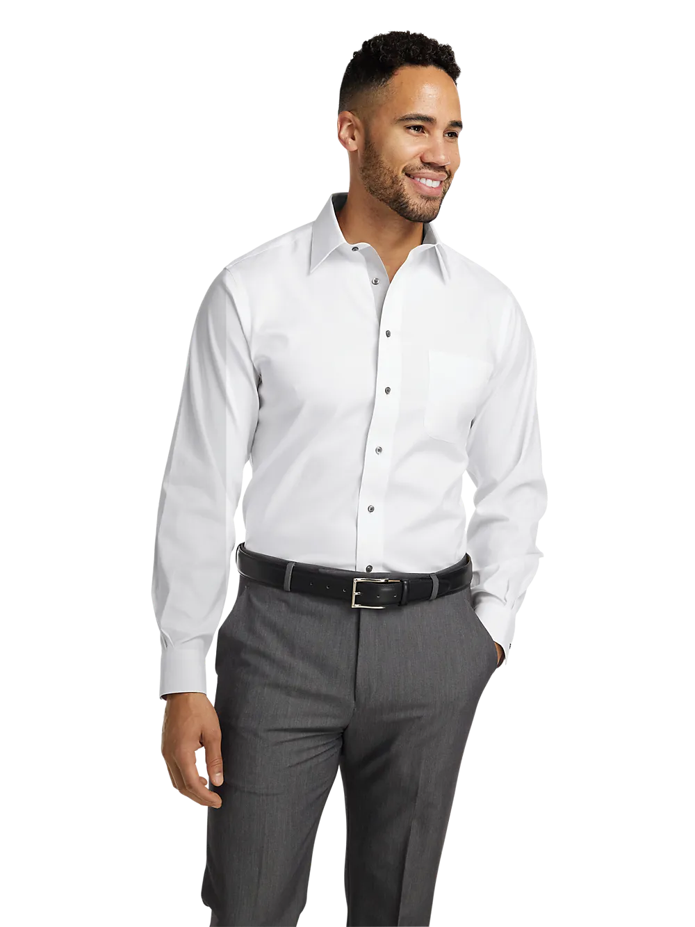 Comfort Stretch Non-Iron Solid Dress Shirt With Contrast Trim - White/grey
