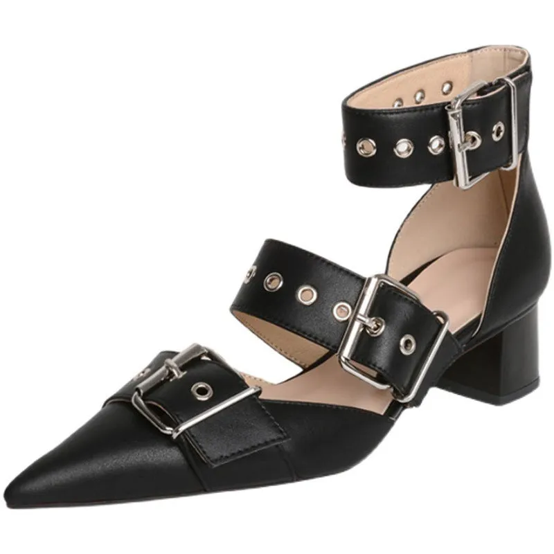 Eyelet Point Toe Block Heel Buckle Pumps
