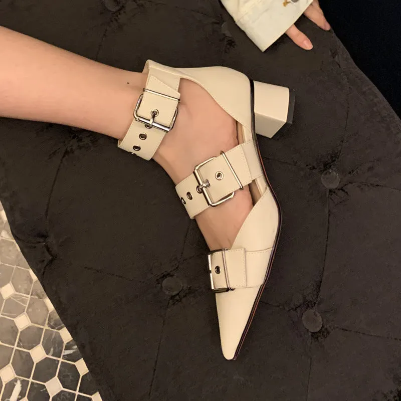 Eyelet Point Toe Block Heel Buckle Pumps