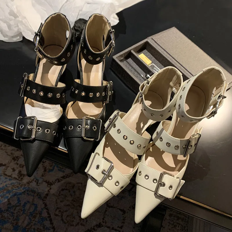 Eyelet Point Toe Block Heel Buckle Pumps