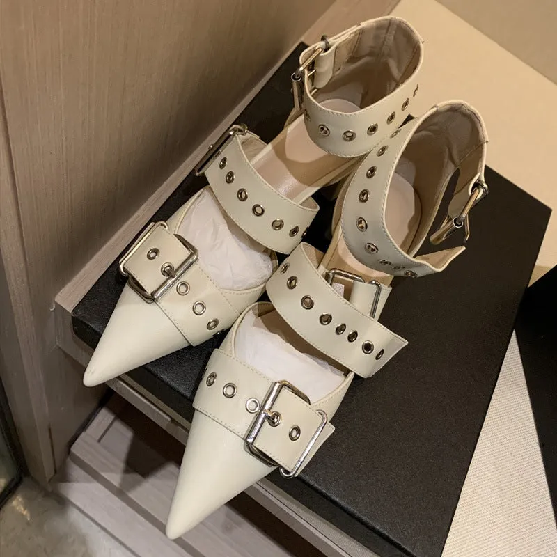 Eyelet Point Toe Block Heel Buckle Pumps