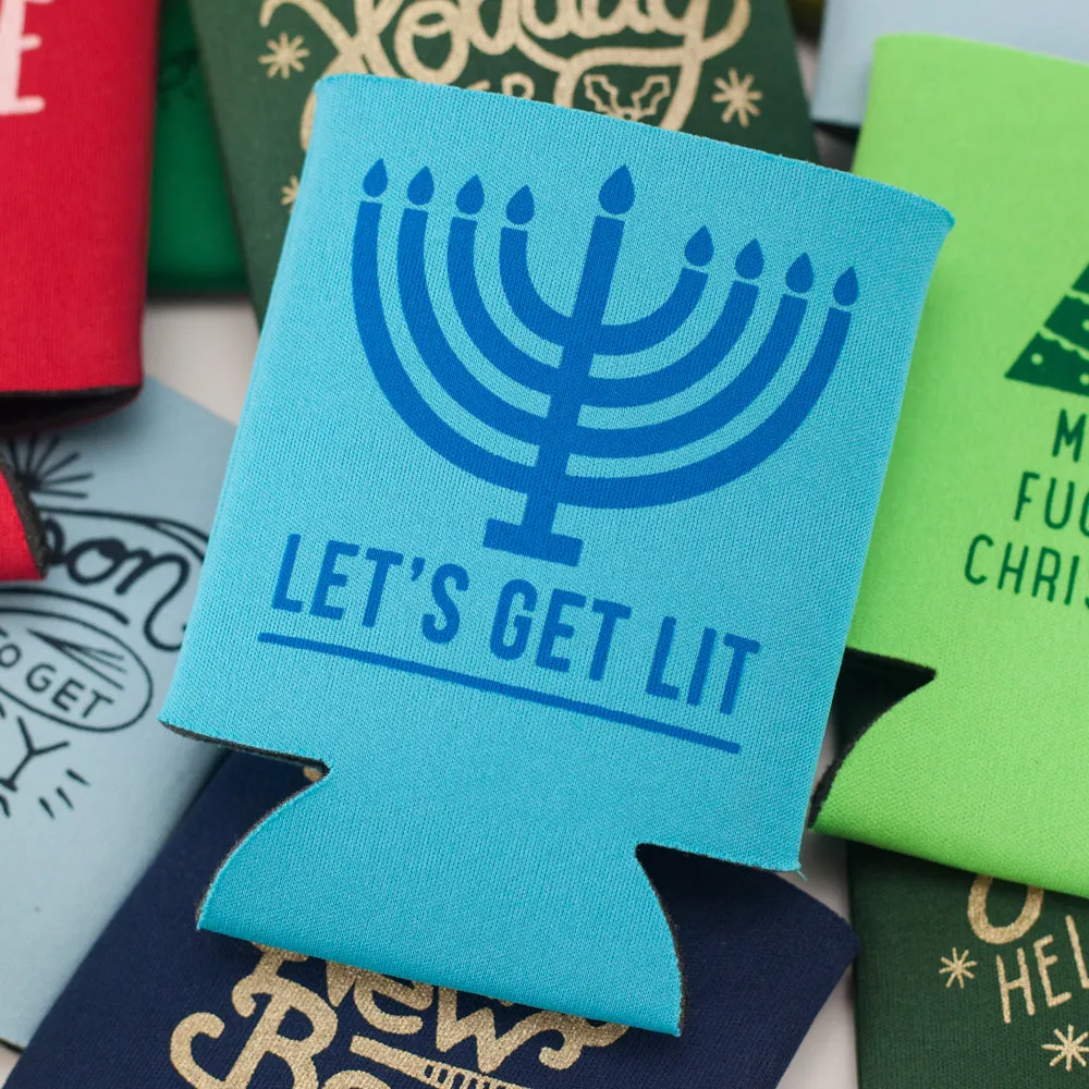 Hanukkah can coolie, Hanukkah gift idea, let's get lit Menorah can coolie, Jewish gift idea