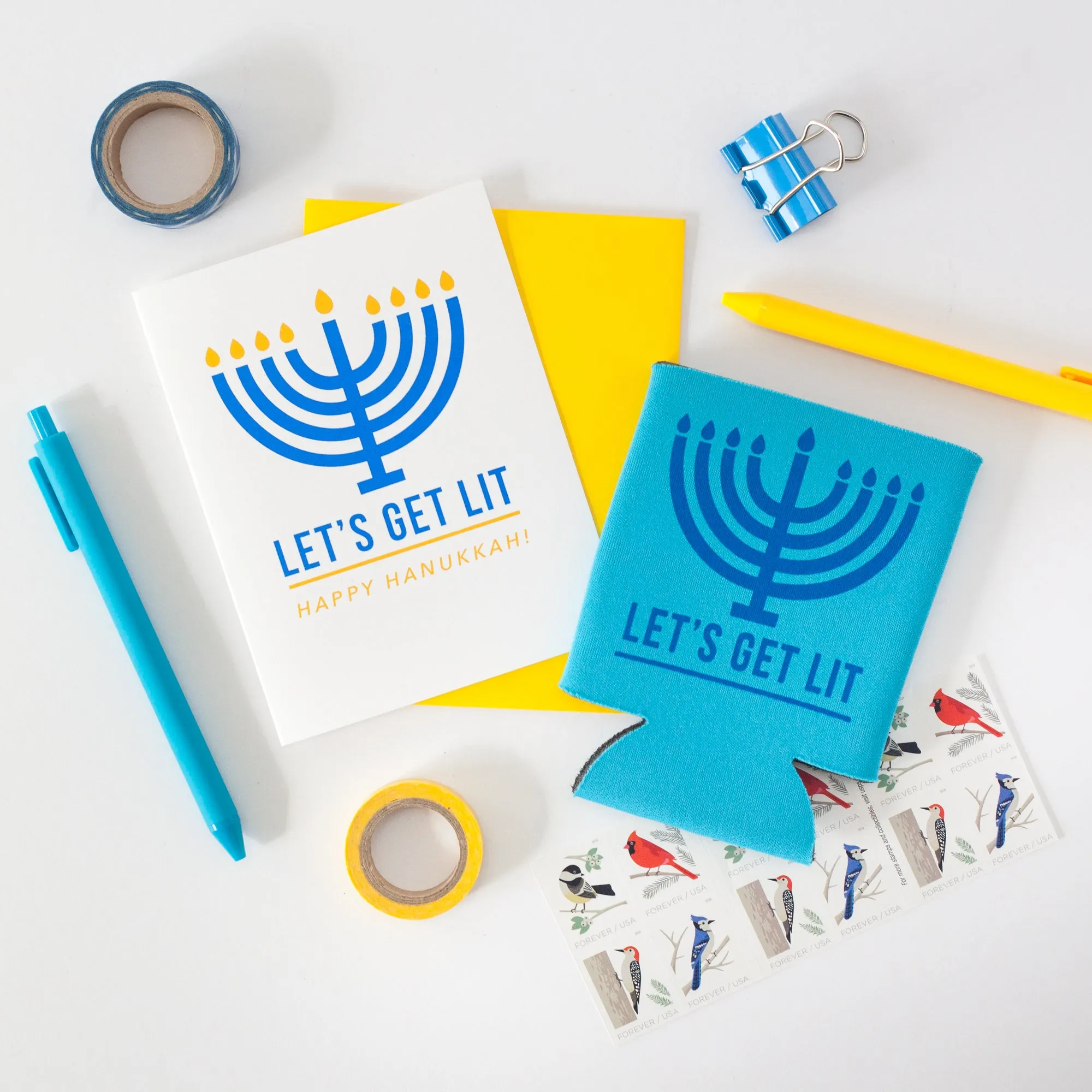 Hanukkah can coolie, Hanukkah gift idea, let's get lit Menorah can coolie, Jewish gift idea