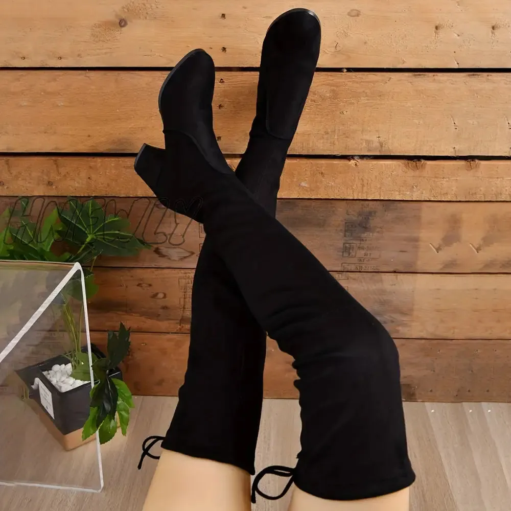 Hnewly Women's Solid Color Long Boots, Slip On Round Toe Chunky Heel Lace Up Elastic Slim Over Knee Shoes, Comfy Women's Shoes