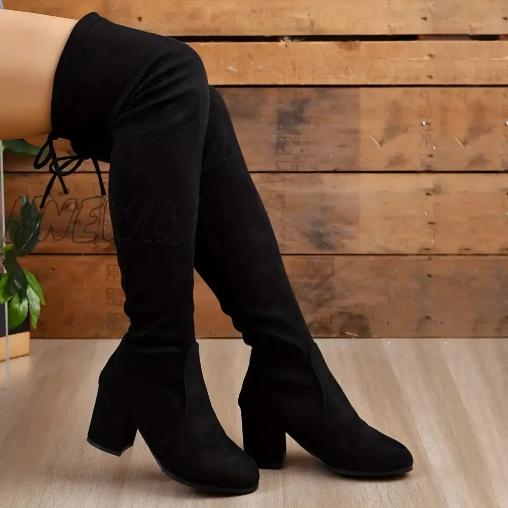 Hnewly Women's Solid Color Long Boots, Slip On Round Toe Chunky Heel Lace Up Elastic Slim Over Knee Shoes, Comfy Women's Shoes
