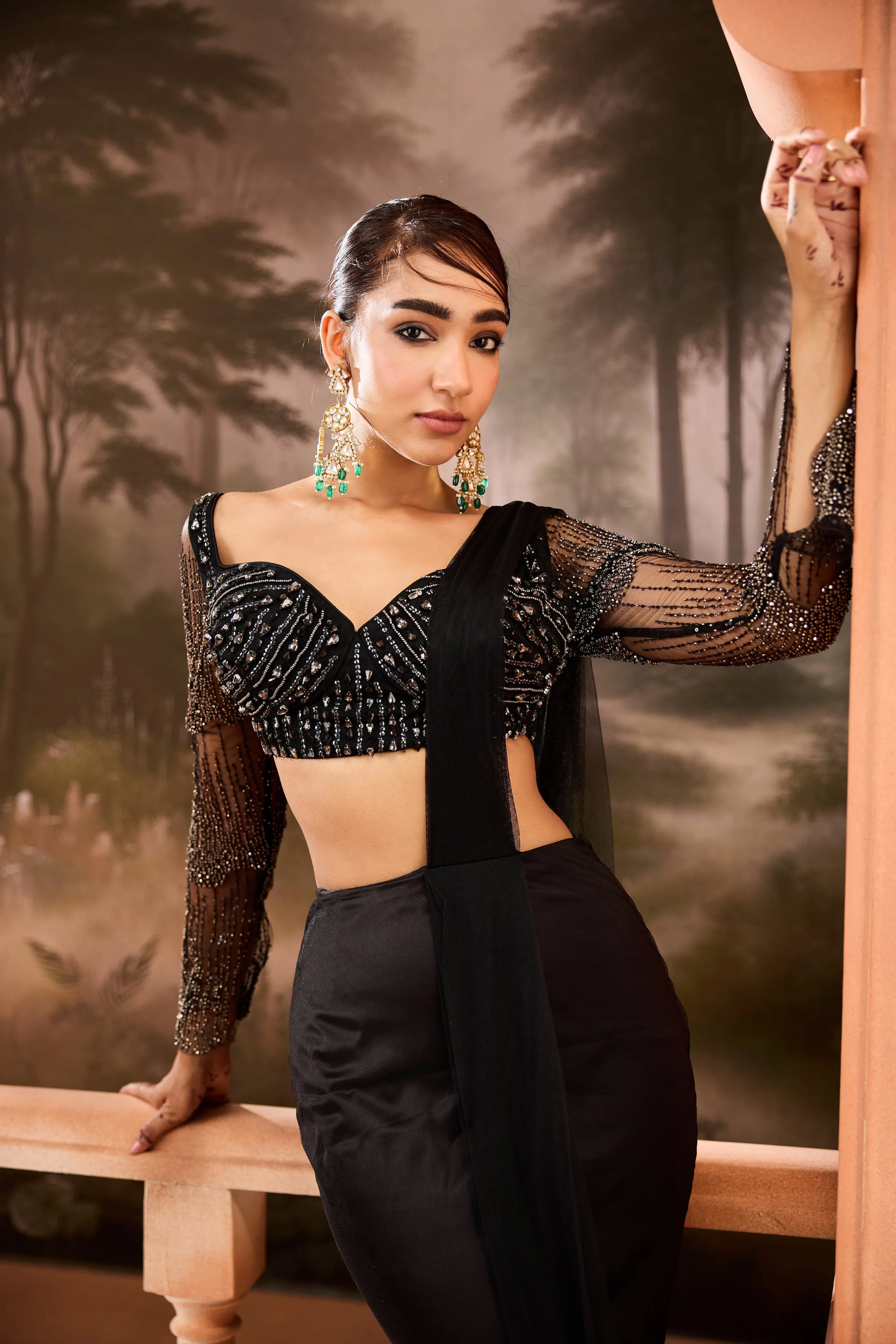 Imanat Black Embellished Pre-Draped Saree