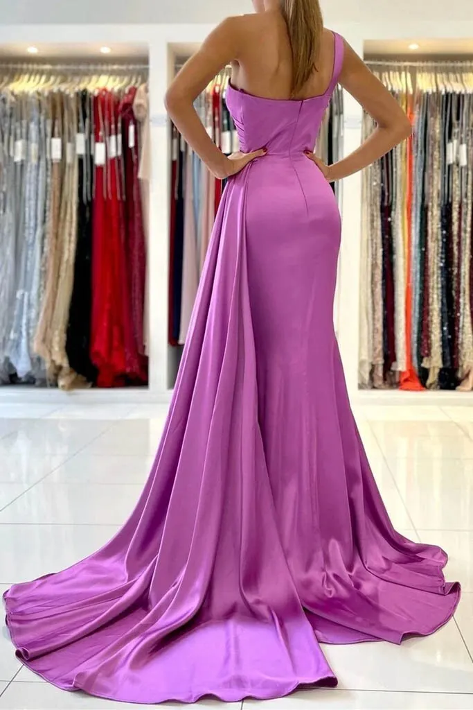 One Shoulder Purple Satin Mermaid Prom Dresses, Evening Dress CMS211139