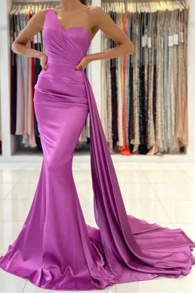 One Shoulder Purple Satin Mermaid Prom Dresses, Evening Dress CMS211139