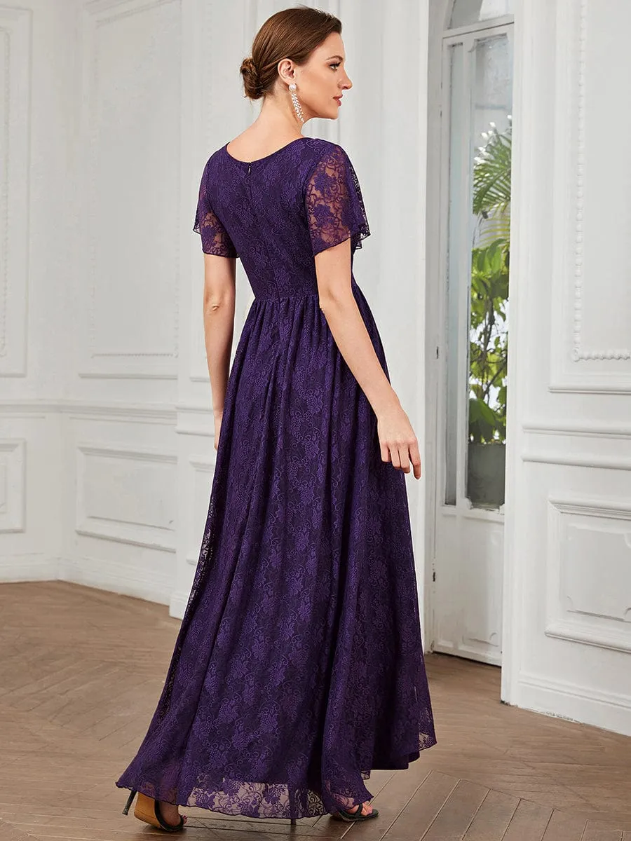 Pleated V-Neck Short Sleeve Ruffled Lace Wedding Guest Dress