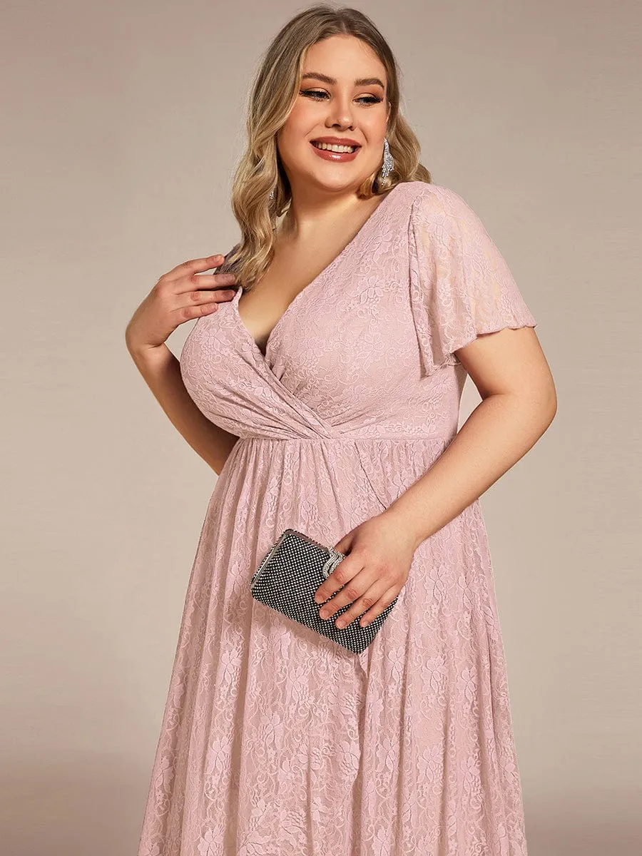 Pleated V-Neck Short Sleeve Ruffled Lace Wedding Guest Dress