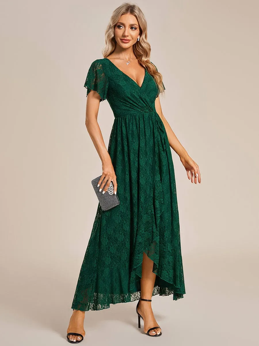 Pleated V-Neck Short Sleeve Ruffled Lace Wedding Guest Dress