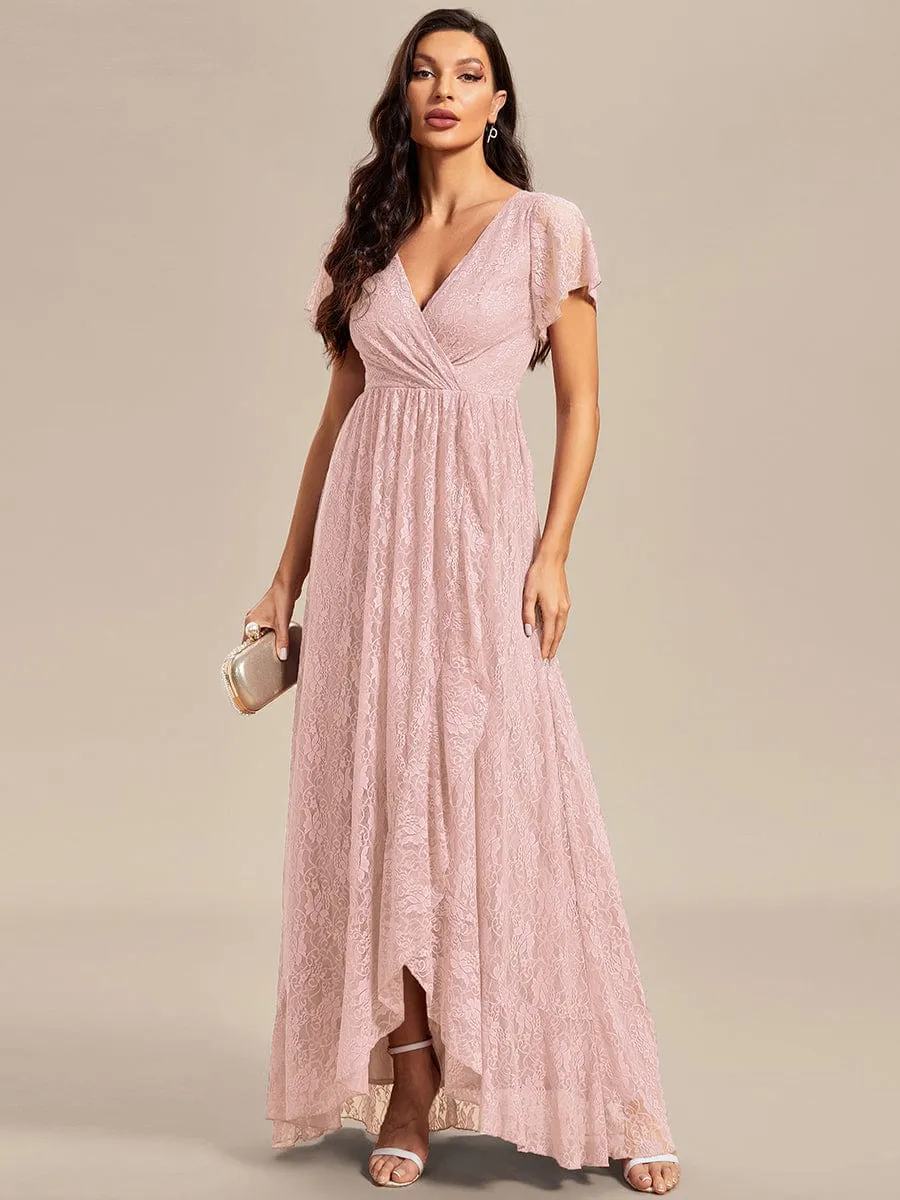 Pleated V-Neck Short Sleeve Ruffled Lace Wedding Guest Dress