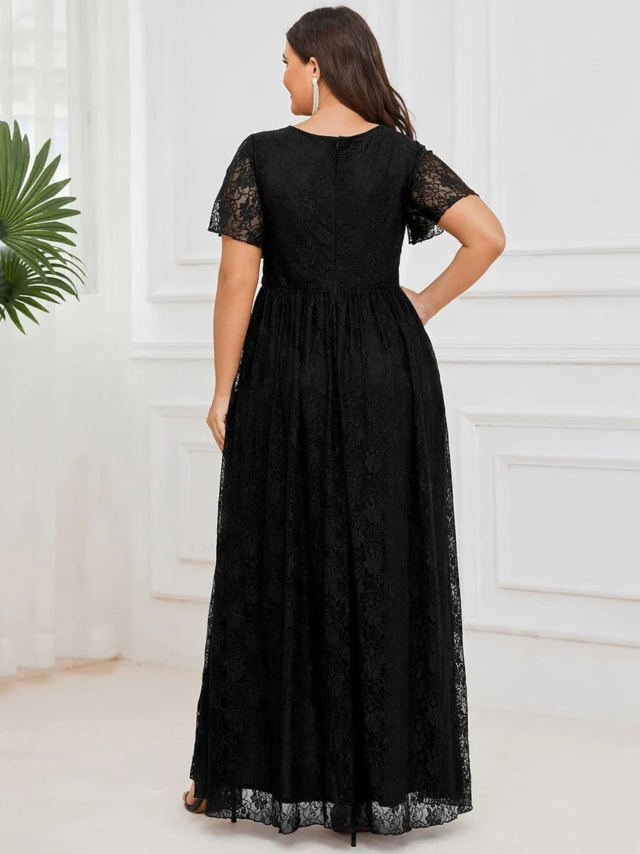 Pleated V-Neck Short Sleeve Ruffled Lace Wedding Guest Dress