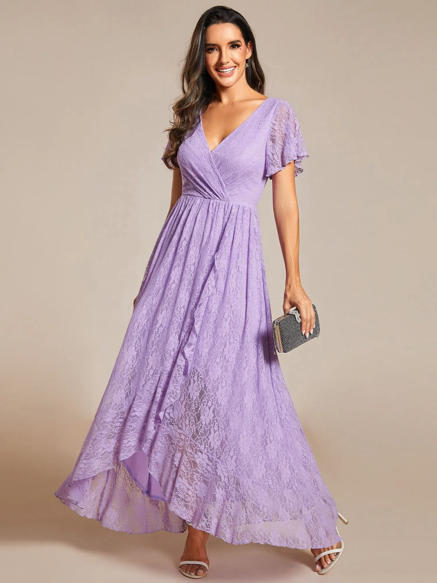 Pleated V-Neck Short Sleeve Ruffled Lace Wedding Guest Dress