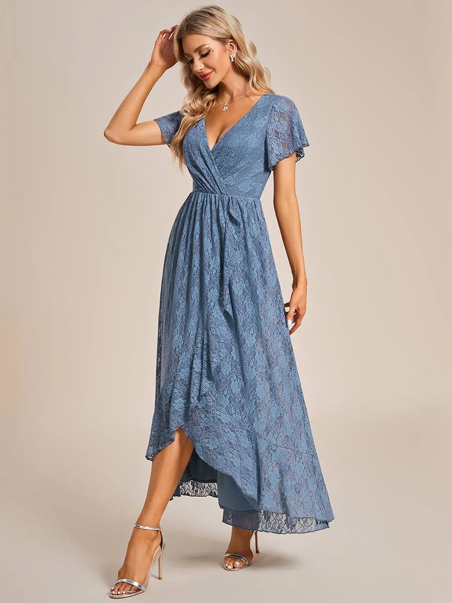 Pleated V-Neck Short Sleeve Ruffled Lace Wedding Guest Dress