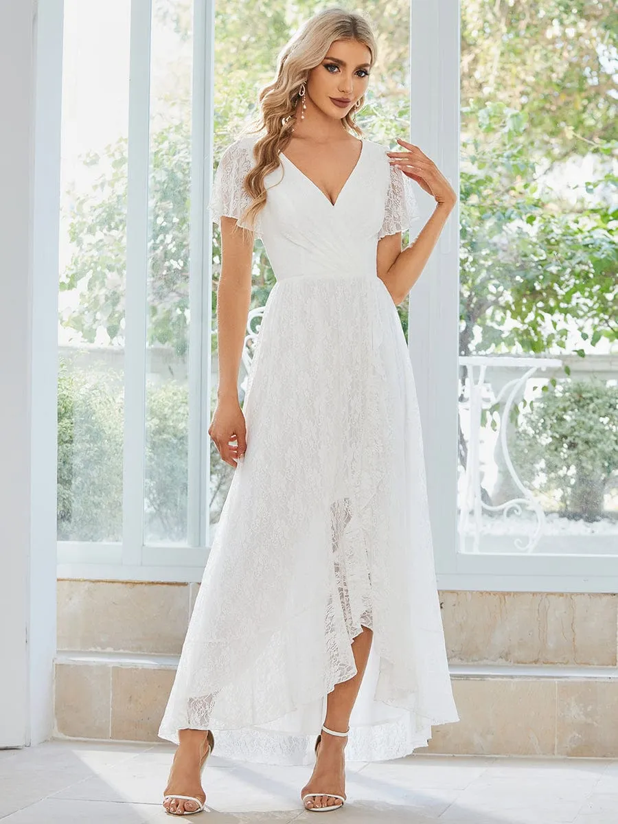 Pleated V-Neck Short Sleeve Ruffled Lace Wedding Guest Dress