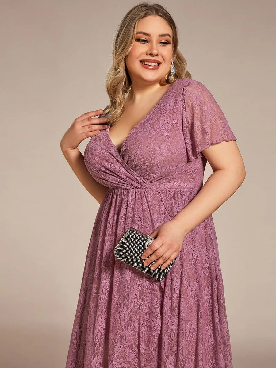 Pleated V-Neck Short Sleeve Ruffled Lace Wedding Guest Dress