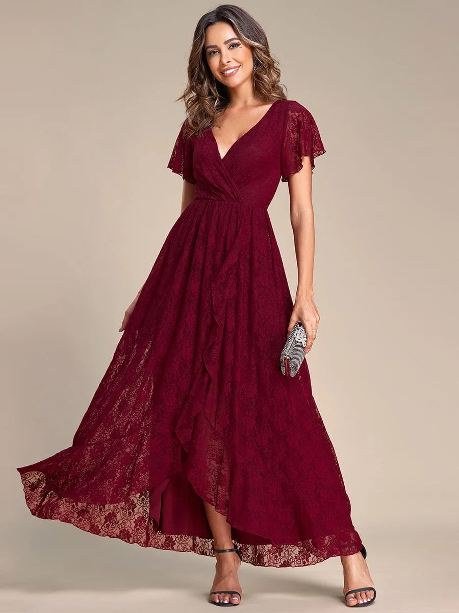 Pleated V-Neck Short Sleeve Ruffled Lace Wedding Guest Dress