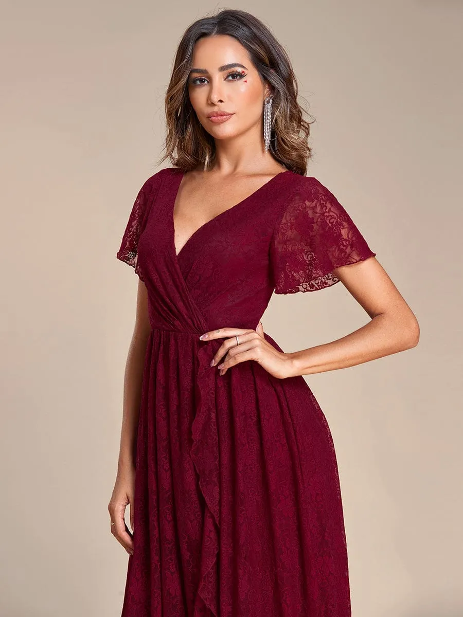 Pleated V-Neck Short Sleeve Ruffled Lace Wedding Guest Dress