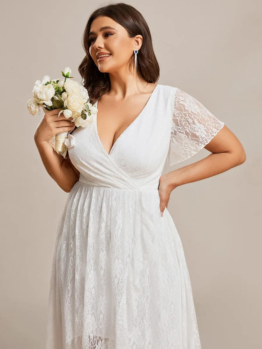 Pleated V-Neck Short Sleeve Ruffled Lace Wedding Guest Dress