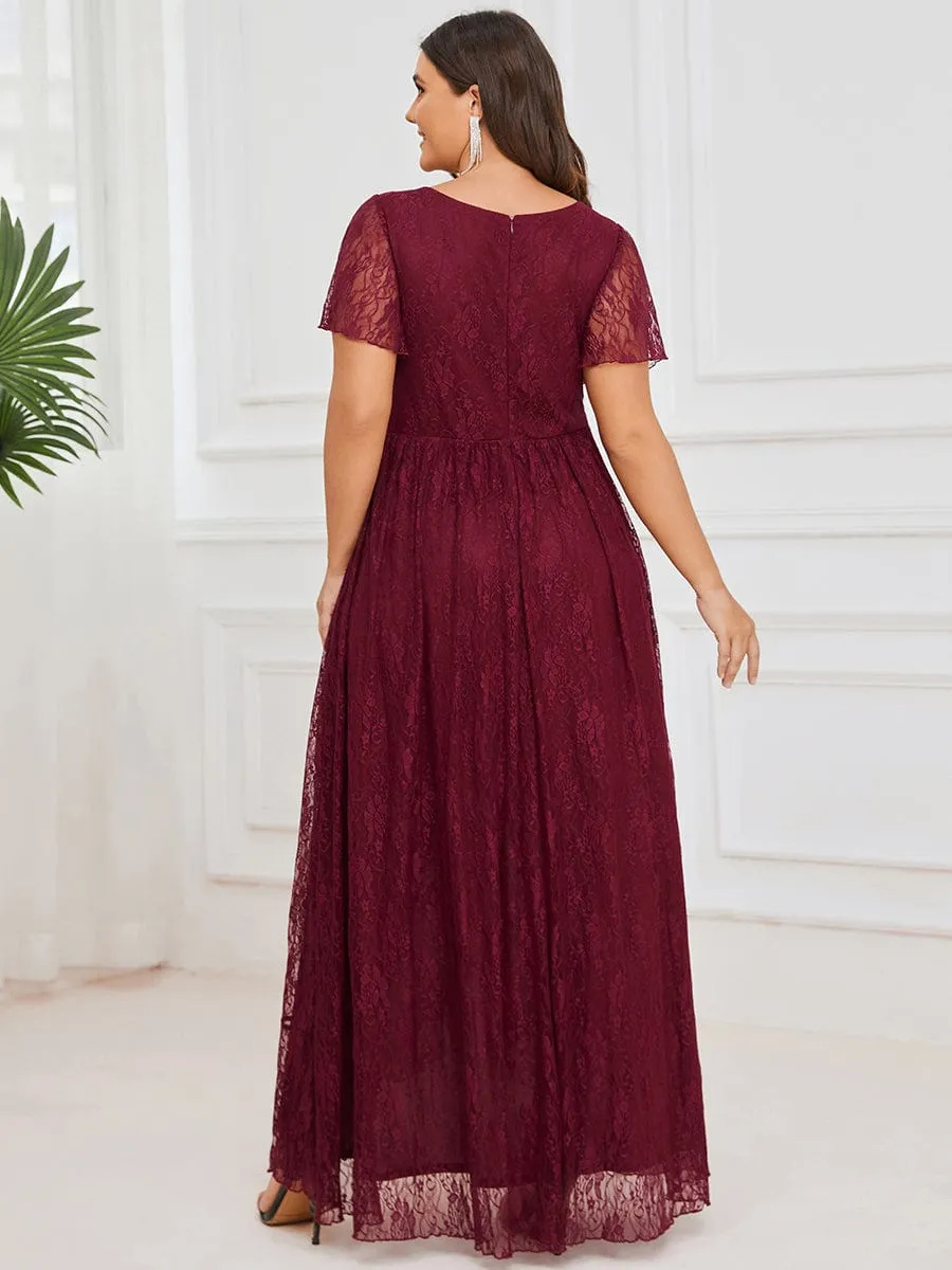 Pleated V-Neck Short Sleeve Ruffled Lace Wedding Guest Dress