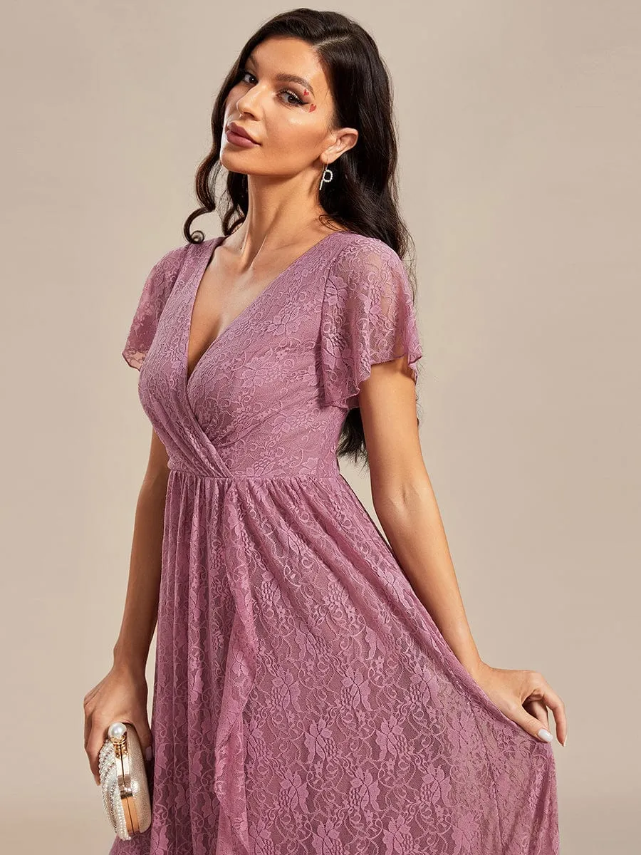 Pleated V-Neck Short Sleeve Ruffled Lace Wedding Guest Dress