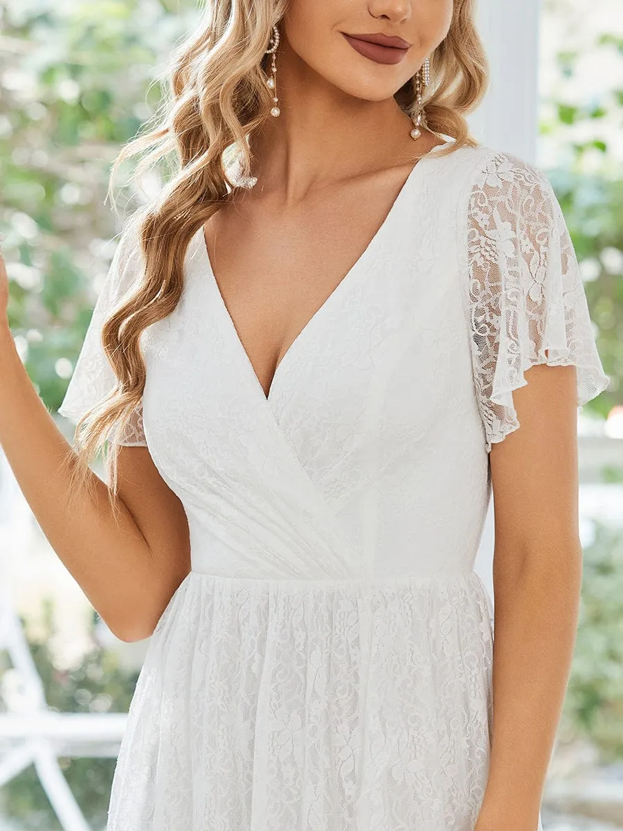 Pleated V-Neck Short Sleeve Ruffled Lace Wedding Guest Dress