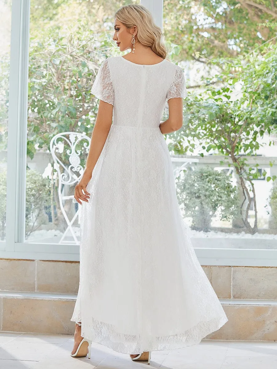 Pleated V-Neck Short Sleeve Ruffled Lace Wedding Guest Dress