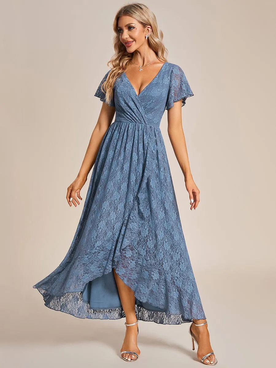 Pleated V-Neck Short Sleeve Ruffled Lace Wedding Guest Dress