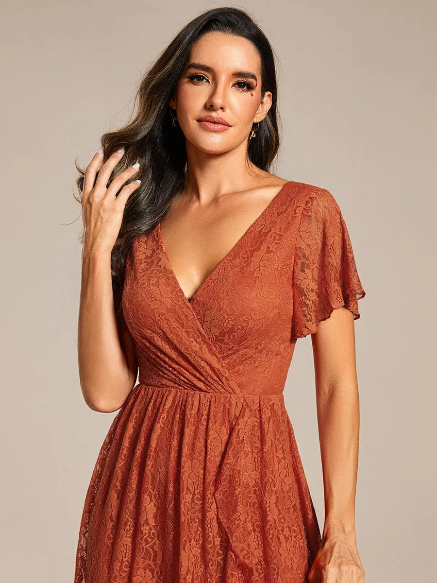 Pleated V-Neck Short Sleeve Ruffled Lace Wedding Guest Dress