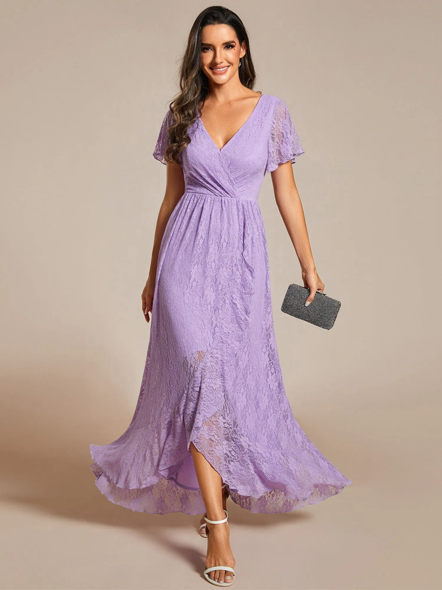 Pleated V-Neck Short Sleeve Ruffled Lace Wedding Guest Dress