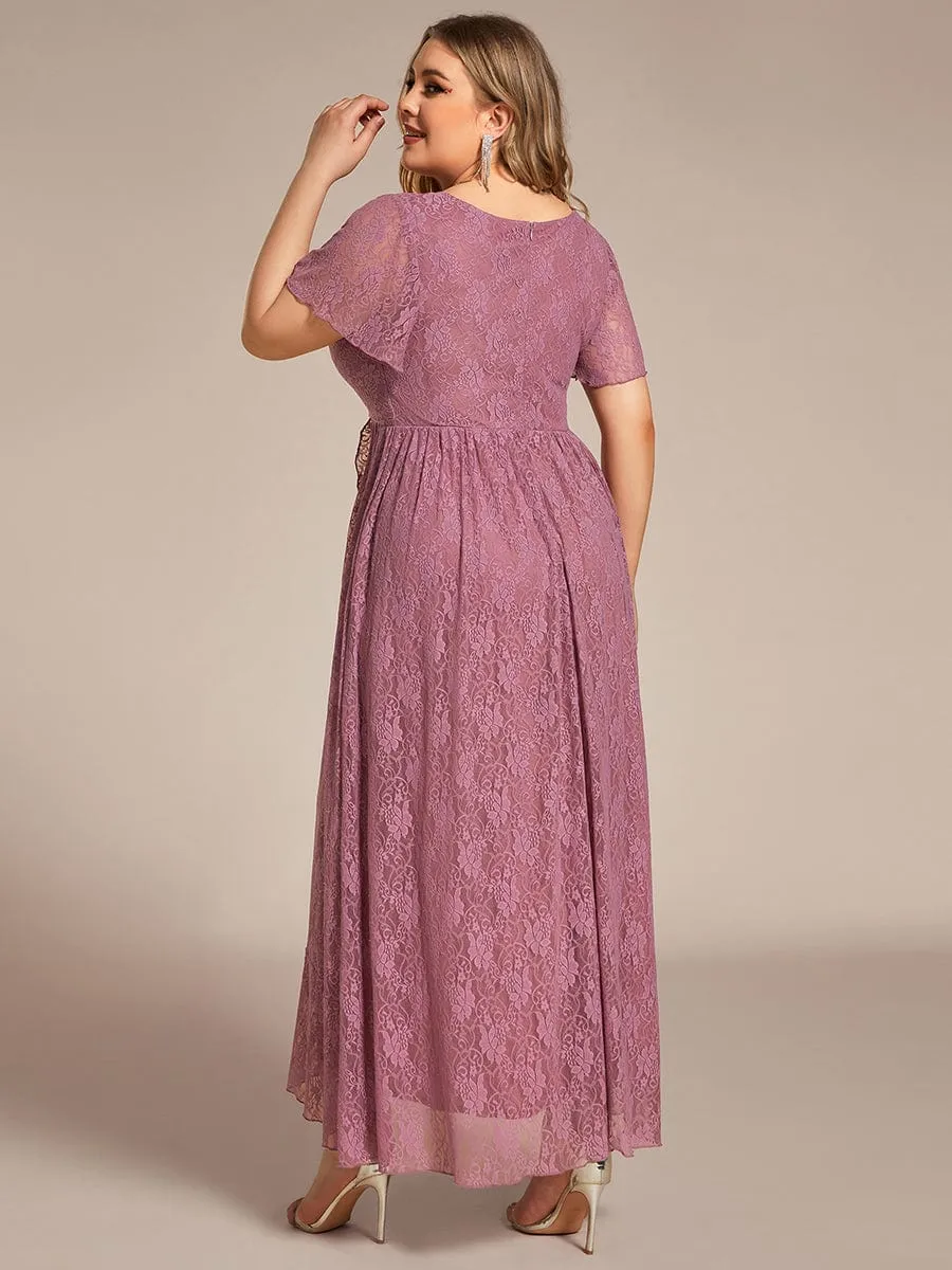 Pleated V-Neck Short Sleeve Ruffled Lace Wedding Guest Dress