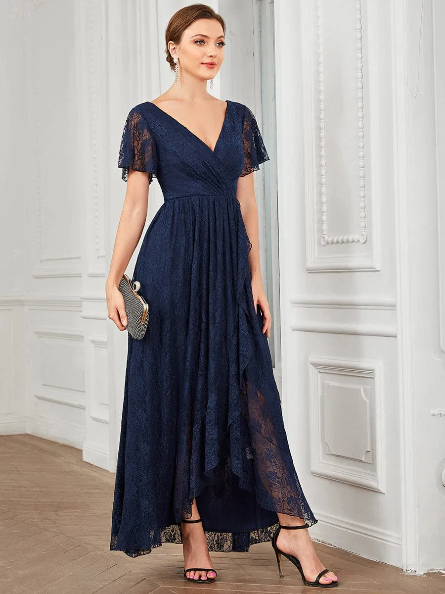 Pleated V-Neck Short Sleeve Ruffled Lace Wedding Guest Dress