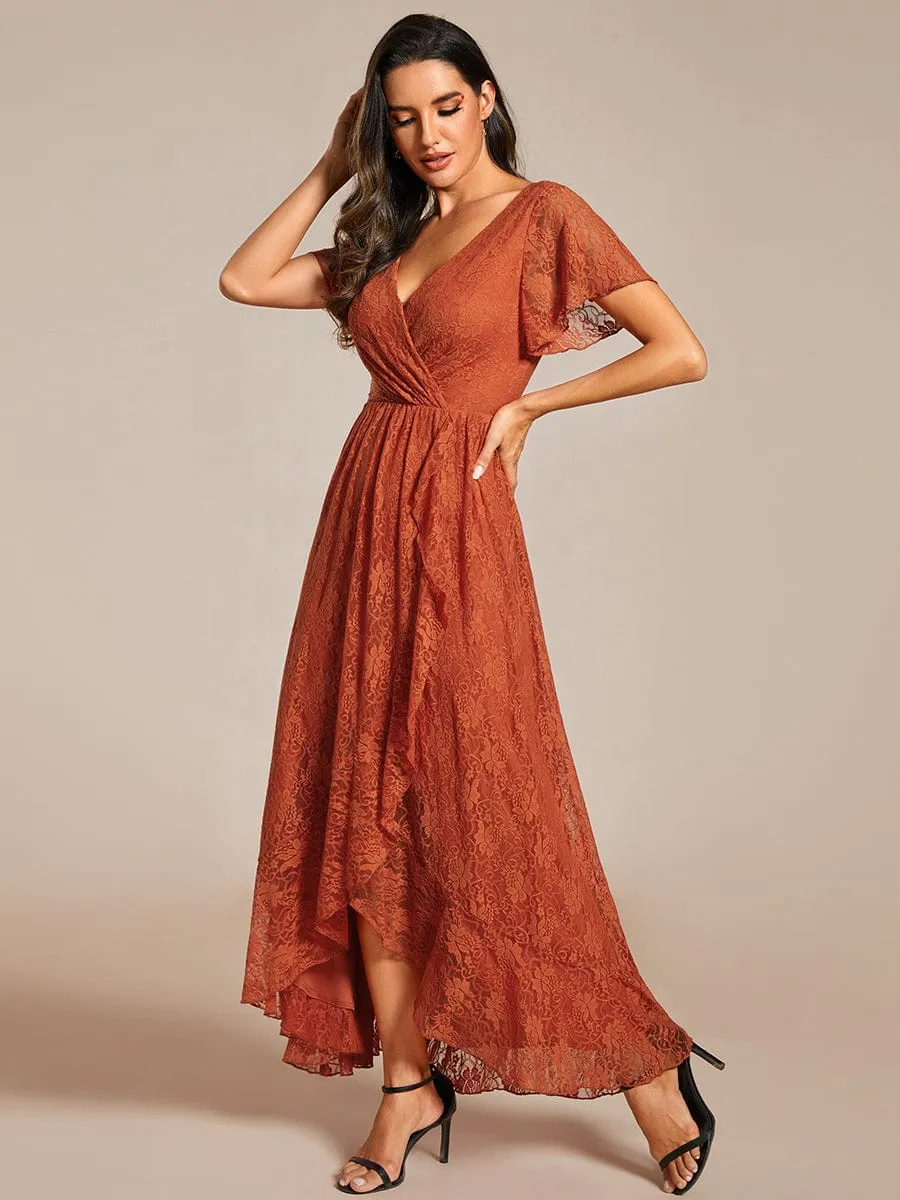 Pleated V-Neck Short Sleeve Ruffled Lace Wedding Guest Dress