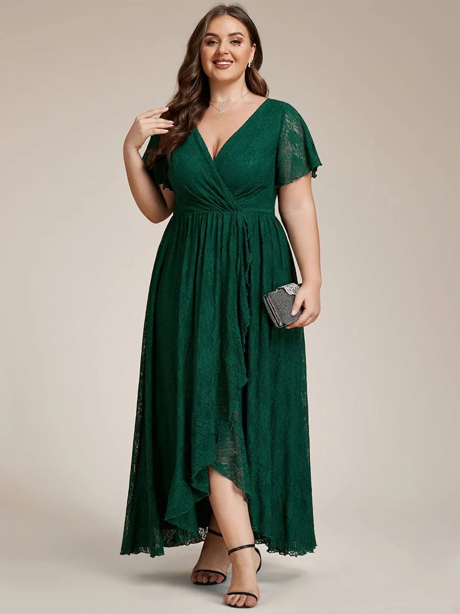 Pleated V-Neck Short Sleeve Ruffled Lace Wedding Guest Dress