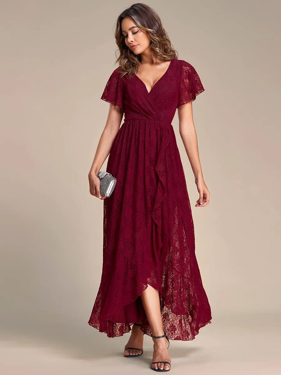 Pleated V-Neck Short Sleeve Ruffled Lace Wedding Guest Dress